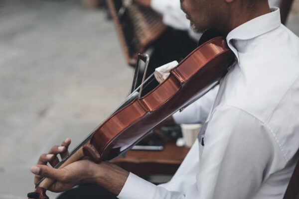 A focused view of a musician playing a violin, highlighting the skill and nuance of performance.