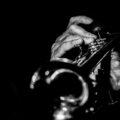 Black and white image of a musician's hands playing the trumpet during a live jazz performance.