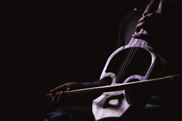A dramatic close-up of a musician playing a traditional stringed instrument in low light.