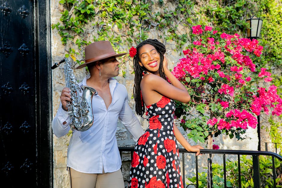 Happy couple in garden with saxophone, embracing nature and music.