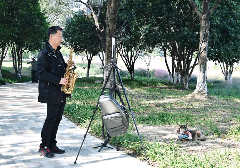 Man plays saxophone outdoors in a sunny park, accompanied by a dog on grass.