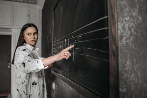 A music teacher explaining musical notes on a blackboard inside a classroom.