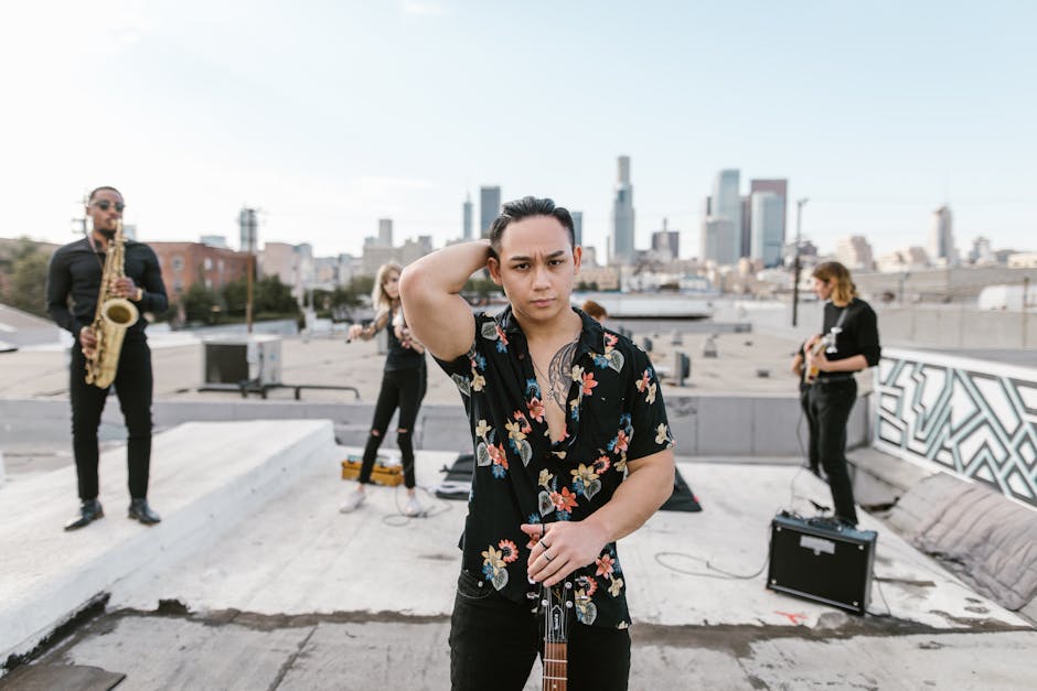 Musicians performing on a rooftop overlooking a city skyline. Vibrant and lively scene.