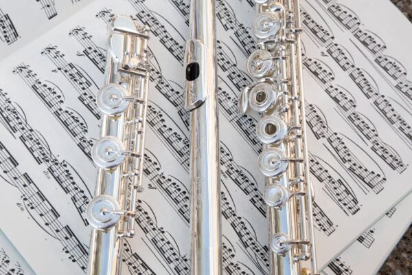 A close-up shot of silver flutes resting on a classical music sheet.