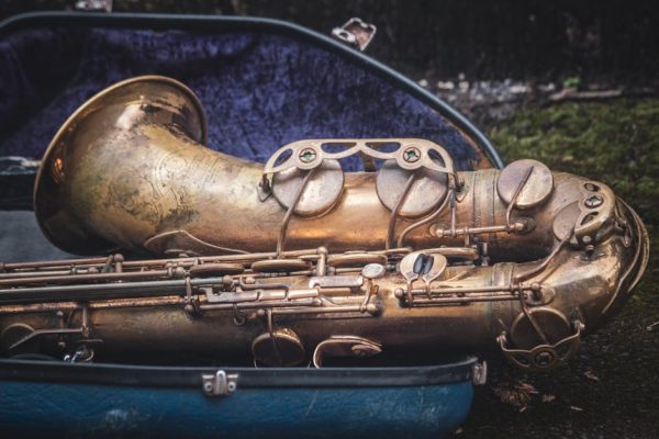 Close-up of a vintage saxophone resting in its opened case on a mossy background, showcasing classic musical charm.
